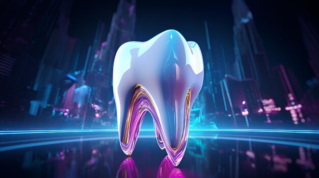 Photo juicy picture of cute funny smiling tooth character isolated on cool gradient background