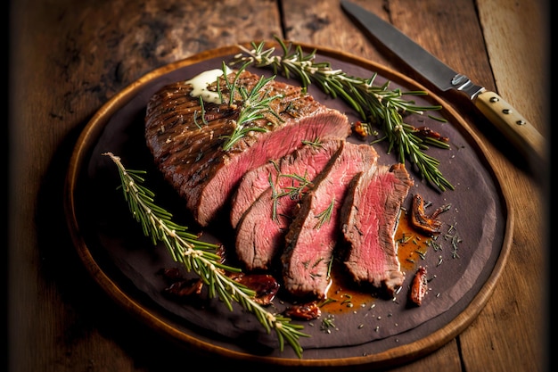 Juicy pink flank steak decorated with rosemary lying on round wooden board