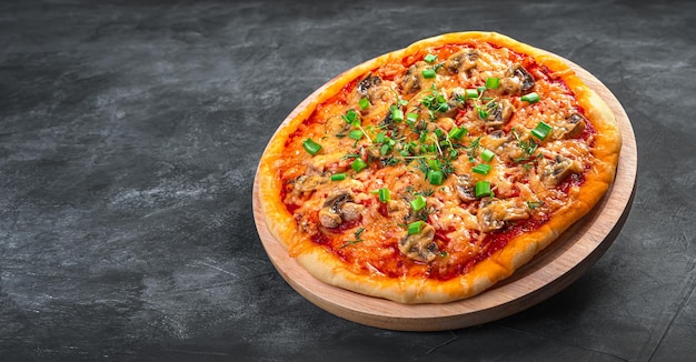 Juicy pizza with mushrooms tomatoes cheese and fresh herbs\
vegetarian pizza side view copy space