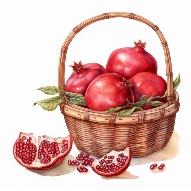 Juicy Pomegranate Basket Illustration On White Background