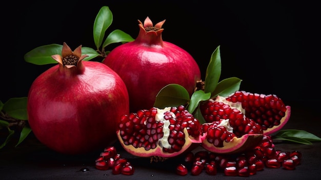 Juicy pomegranate fruit on a black background AI generated