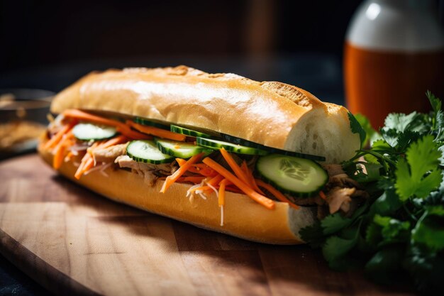 Photo juicy pork and pickled vegetable banh mi with a spicy kick