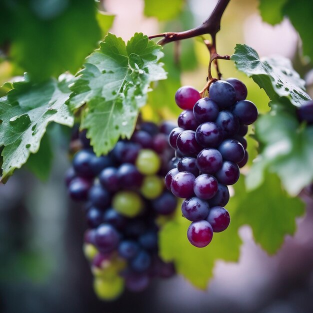 Juicy purple grapes on wet leaf a fresh autumn snack with water