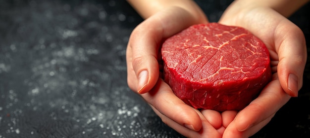 Foto steak di manzo crudo succoso tenuto dalle mani del macellaio con spazio di copia per il posizionamento del testo nella macelleria