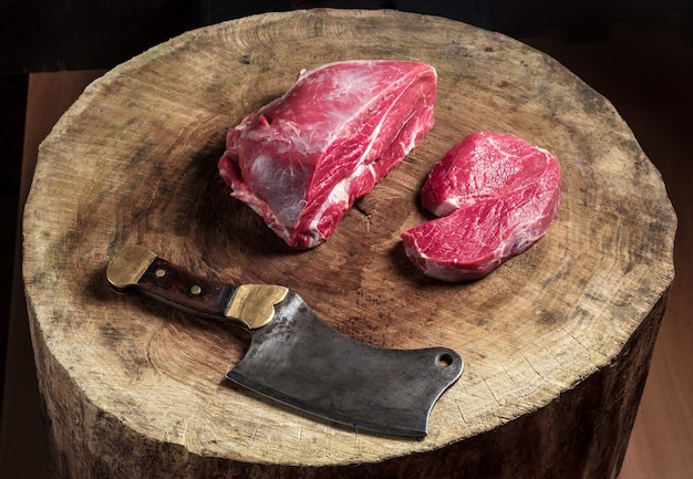 Juicy raw beef steak on wooden table