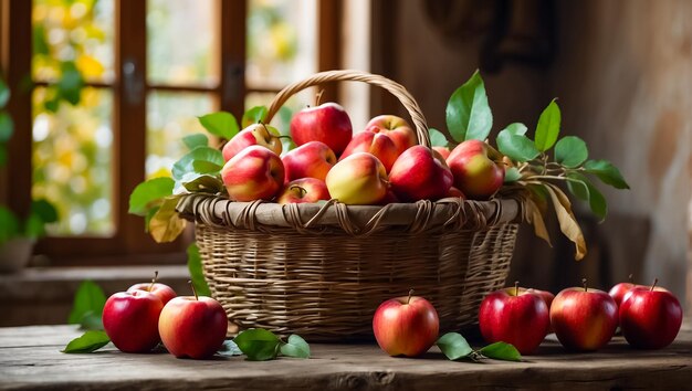 Juicy red apples in a basket in the kitchen