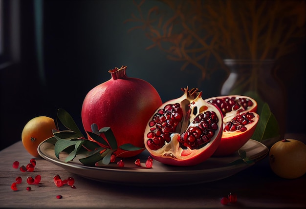 Juicy red cleared pomegranate on a clay plate in a country style selective focus AI Generated