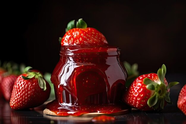 Juicy red strawberry dipped in smooth and glossy homemade jam created with generative ai