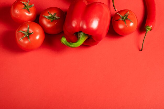 Juicy red vegetables tomatoes and chili peppers and bell peppers on a bright red surface