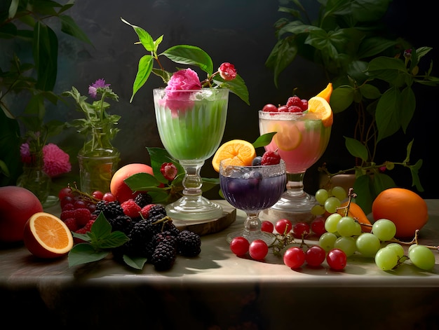 Juicy refreshing beautiful summer cocktails adorned with decorations