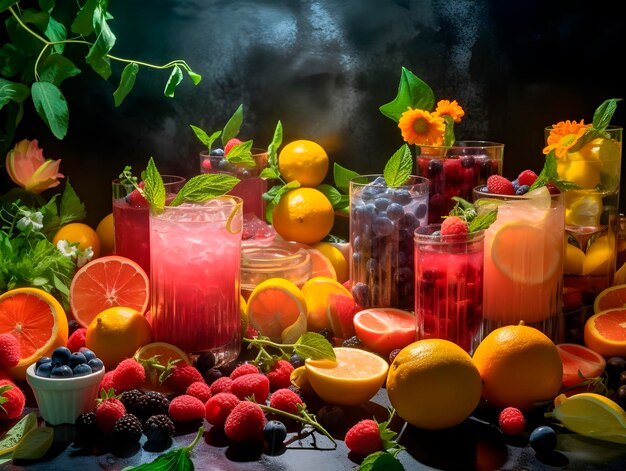 Juicy refreshing beautiful summer cocktails adorned with decorations