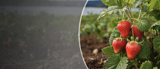 Photo juicy ripe berries strawberries in the open fresh air vertically farmers field with strawberries strawberries on the bed copy space