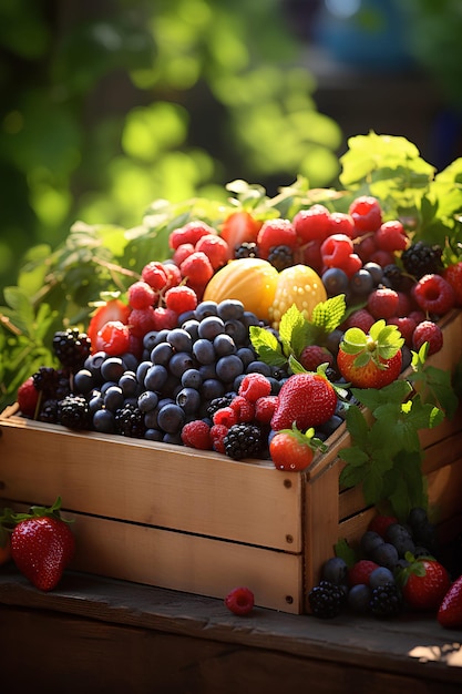 juicy ripe berries in wooden box on sunny day