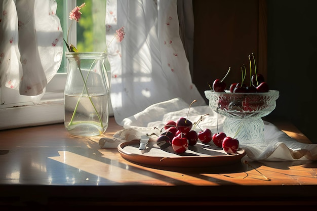 Сочные спелые вишни на старом столе в загородном доме Generative AI 1