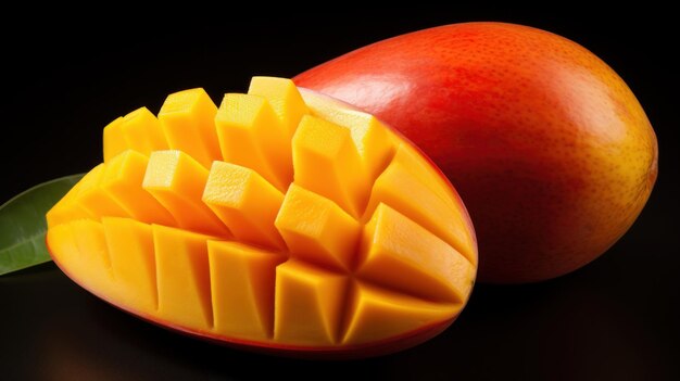 Foto pezzi di mango succosi e maturi isolati su uno sfondo scuro