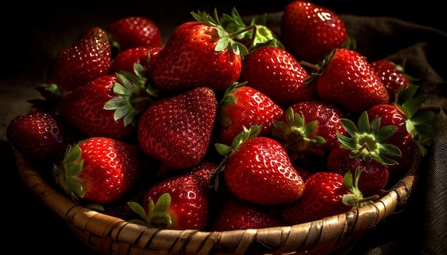 Juicy ripe strawberries in a rustic basket generated by AI