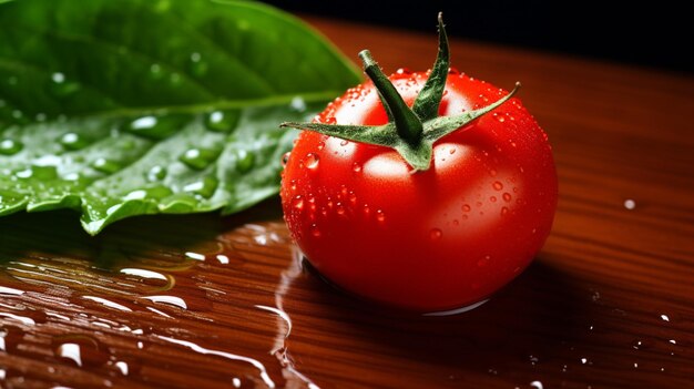 Juicy ripe tomato dew drops and leaf on wooden table