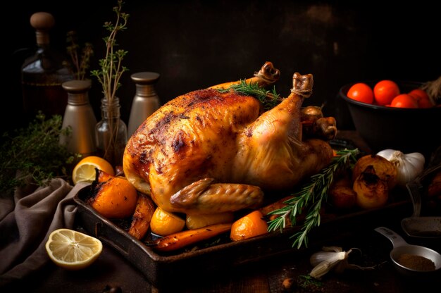 Juicy roasted chicken with vegetables in baking dish over decorated rustic wooden table AI generated