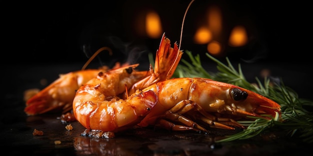 Juicy Shrimps on Rustic Wooden Plank with Lemon and Greens Dark Background Adds Appetizing Contrast Generated Ai