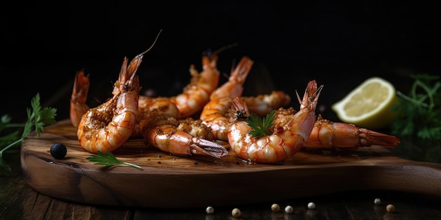 Juicy Shrimps on Rustic Wooden Plank with Lemon and Greens Dark Background Adds Appetizing Contrast Generated Ai