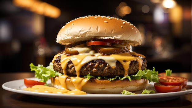 A juicy sizzling hamburger with melted cheese dripping off the sides served on a toasted bun