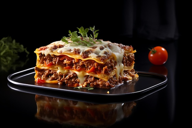 Juicy slice of lasagna on a glass table on a dark background generated by AI