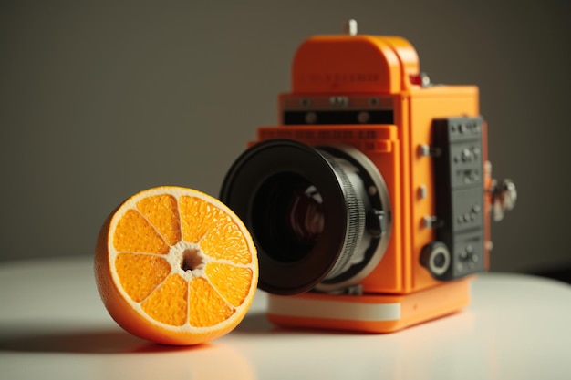 A Juicy Slice of Orange and a Camera on a Wooden Table Concept of Food Photography