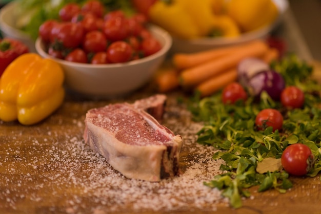 Photo juicy slice of raw steak  with vegetables on a wooden table