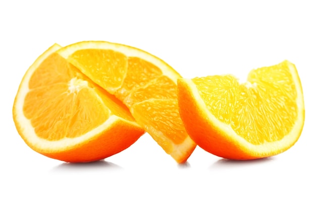 Juicy slices of orange isolated on white