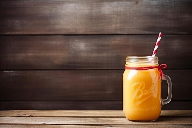 Photo juicy smoothie from mango in glass mason jar with striped red straw