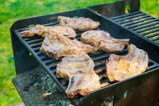 Juicy Stakes Cooking On Grill Barbeque Outdoors Countryside Meat Smoke