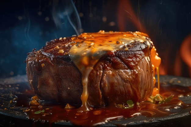 Juicy steak on fire pour sauce generative ai