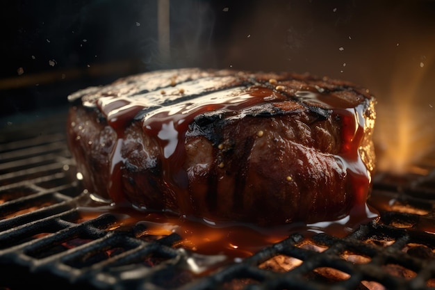 Juicy steak on fire pour sauce generative ai