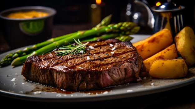 A juicy steak grilled to perfection and served with a side of roasted potatoes and asparagus