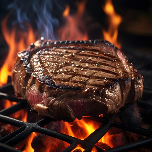 A Juicy Steak Grilling Over an Open Flame