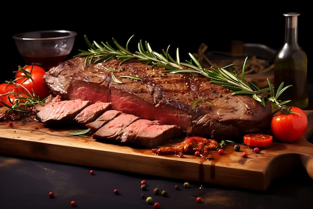 Juicy steak medium rare beef with spices on wooden board on table