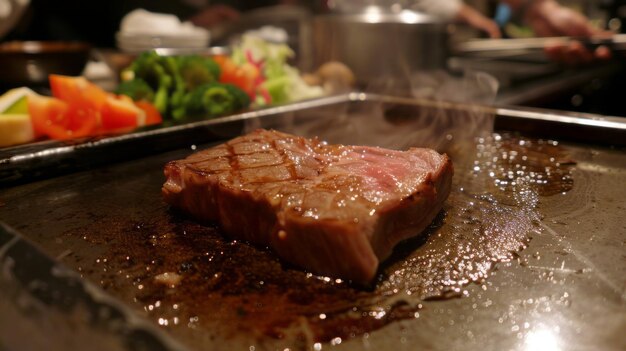 Juicy steak sizzling on a hot grill in a professional kitchen