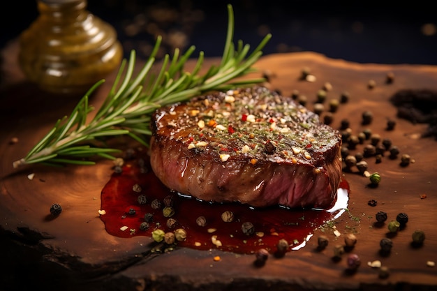 Photo juicy steak with rosemary and black pepper