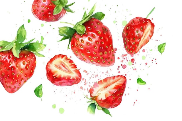 Juicy strawberries with leaves for food advertising