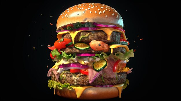 Juicy succulent burger digital art illustration Generative AI