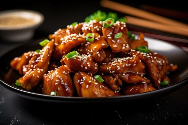 Juicy and succulent chicken teriyaki in a dark glossy sauce garnished with sesame seeds