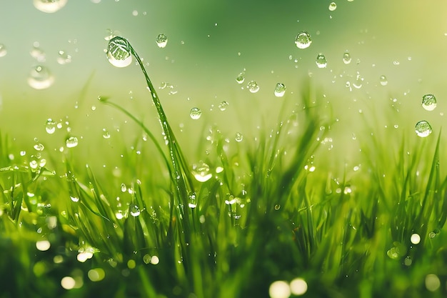 Juicy summer grass in drops of morning dew 3D illustration