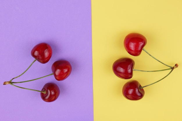 Juicy sweet red cherries on a pinkyellow background Healthy food concept Closeup of sweet berries