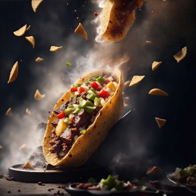 Juicy Tacos falling from top with smoke