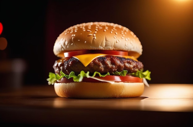 Juicy and tasty cheeseburger on the table on dark background