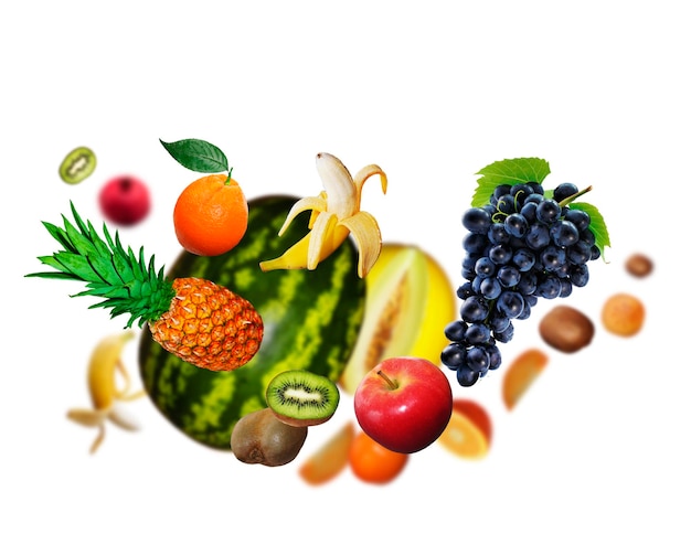 Juicy tasty fresh ananas kiwi grapes orange apple banan pomegranate levitate on a white background healthy diet Fresh fruits and vegetables