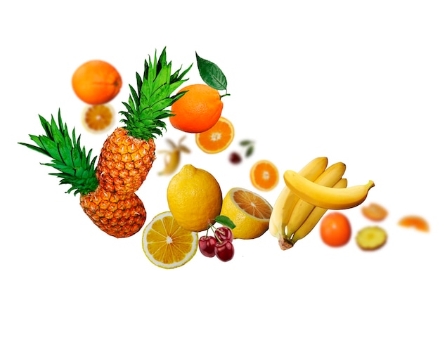 Juicy tasty fresh banan limon cherry pomegranate pineapple orange levitate on a white background healthy diet Fresh fruits and vegetables