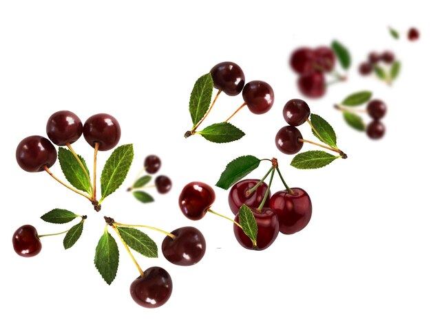 Juicy tasty fresh cherry levitate on a white background healthy diet Fresh fruits and vegetables