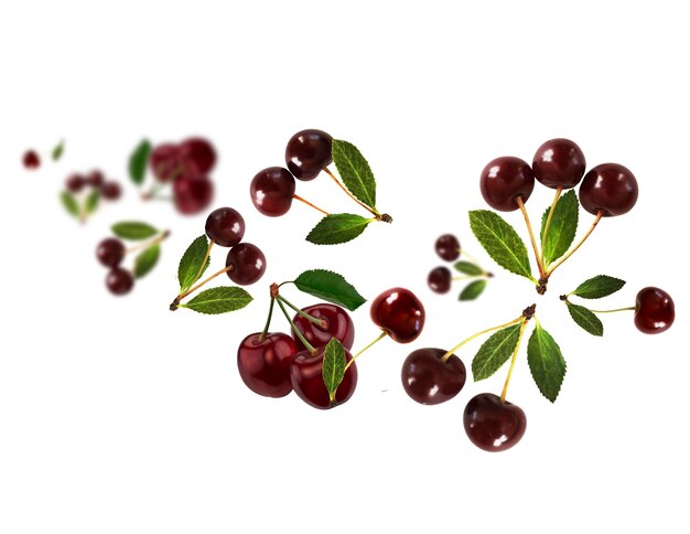 Juicy tasty fresh cherry levitate on a white background healthy diet Fresh fruits and vegetables