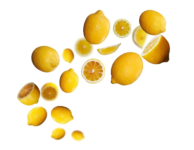 육즙이 맛있는 신선한 리몬은 흰색 배경에 공중에 떠 있습니다. 건강한 식단 신선한 과일과 야채